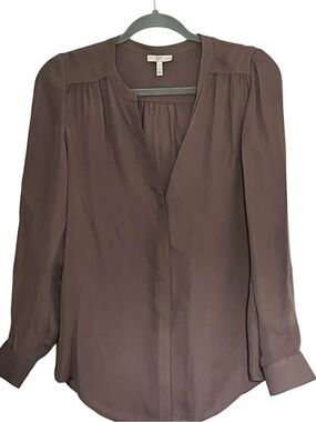 Joie silk crepe roll tab long sleeve tunic shirt V-neck amethyst taupe office XS